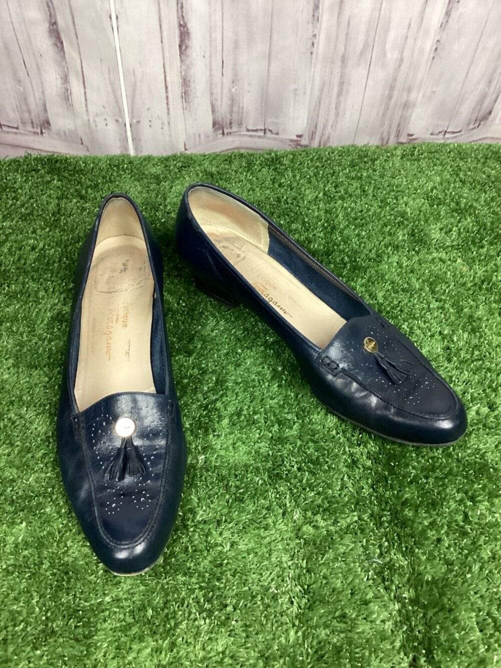 Salvatore Ferragamo Loafers Blue Leather Block Heel 10.5 2A - Picture 14 of 14